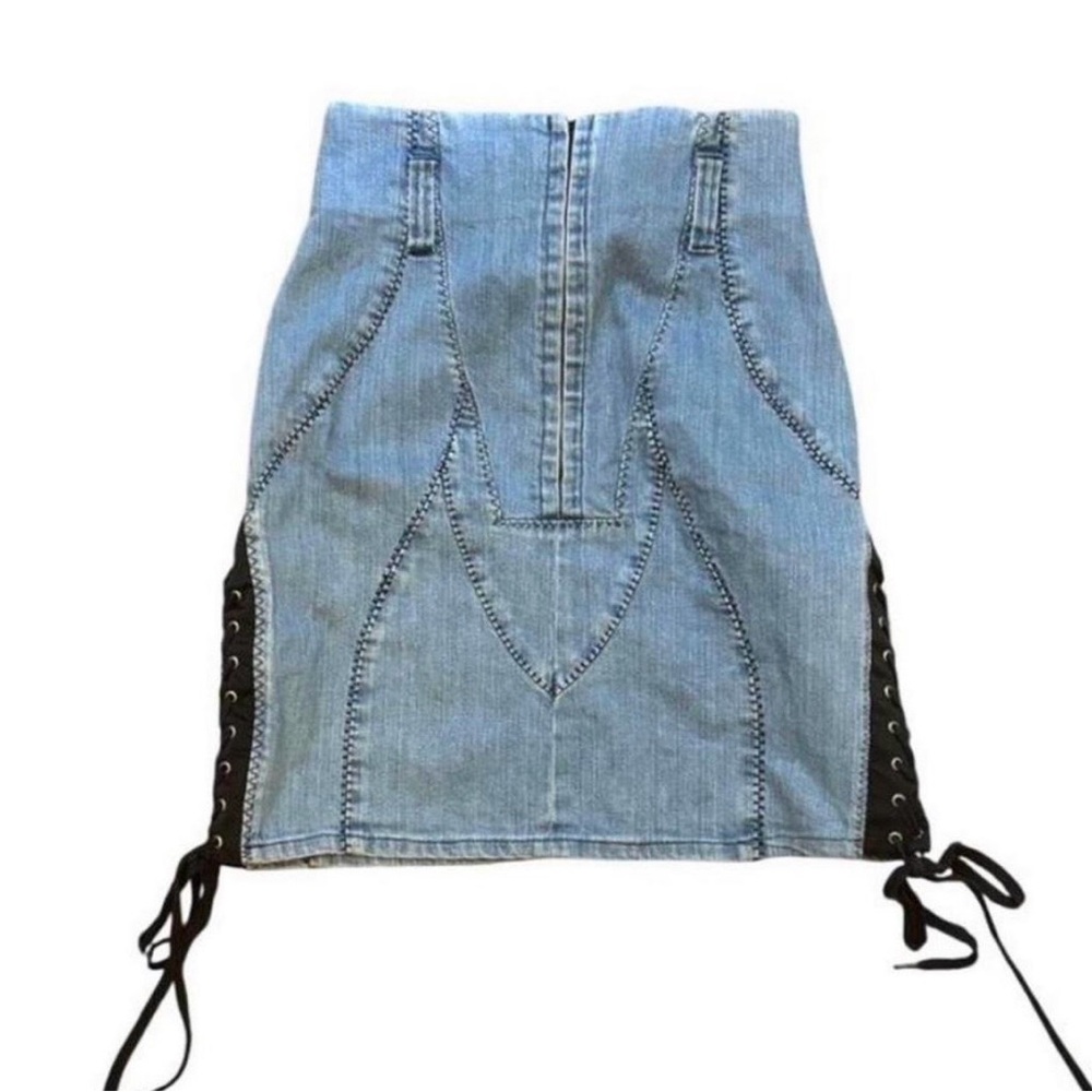 D&G Light Blue Denim high waisted mini skirt with black Lace-Up Sides